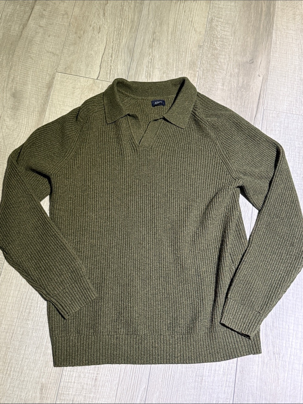 J. Crew Factory Olive Green Ribbed V-Neck Polo Sweater